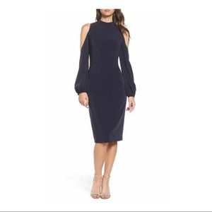 Maggy London navy midi open shoulder mock neck dress. Never worn. Size 14.